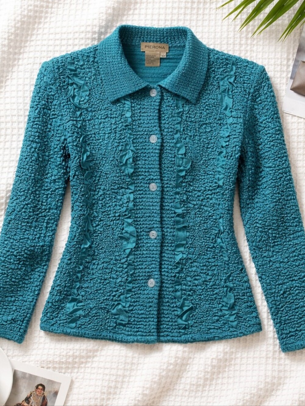 Persona Teal Crinkle Button-Up Blouse